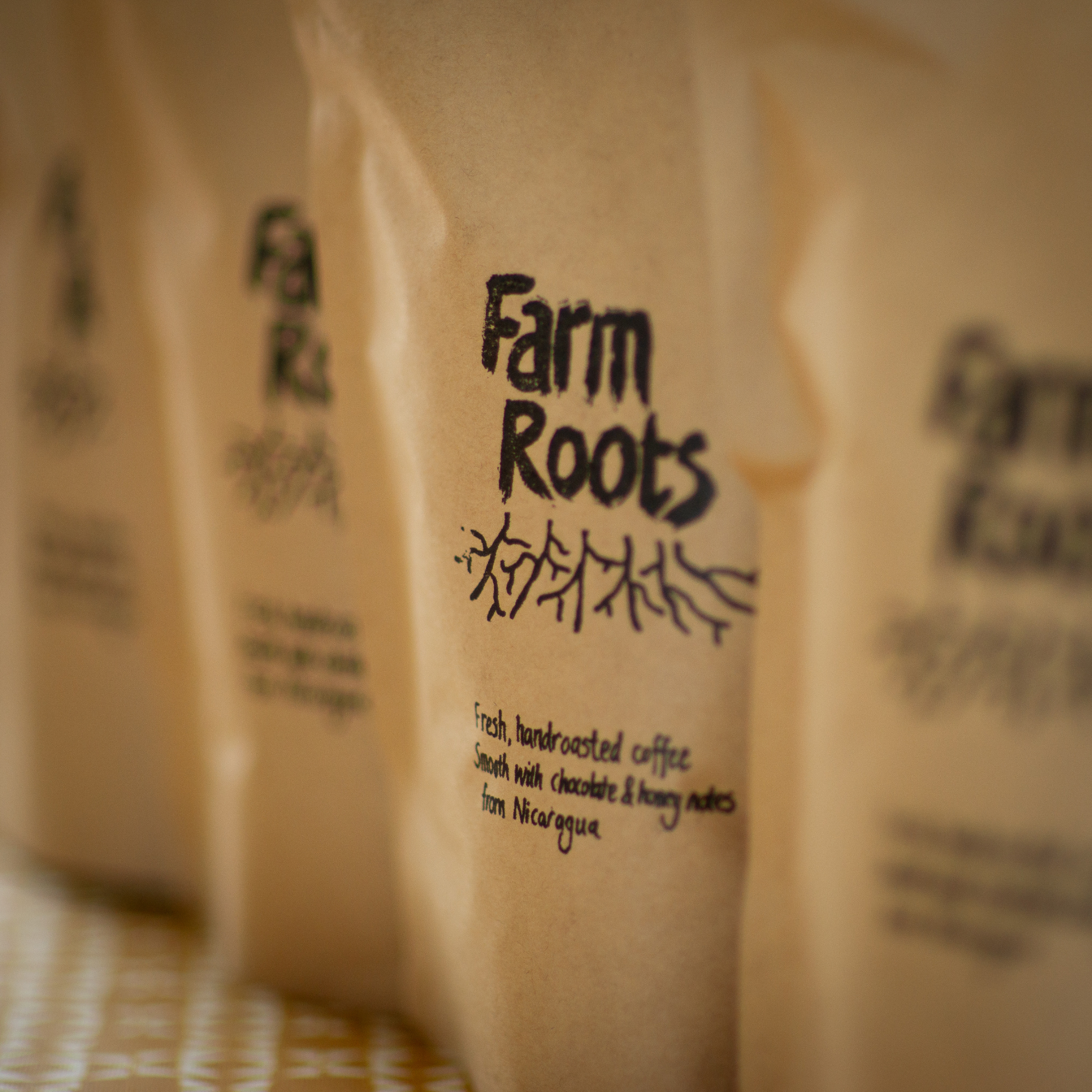 Freshly roasted Nicaraguan coffee beans in an unbleached paper bag